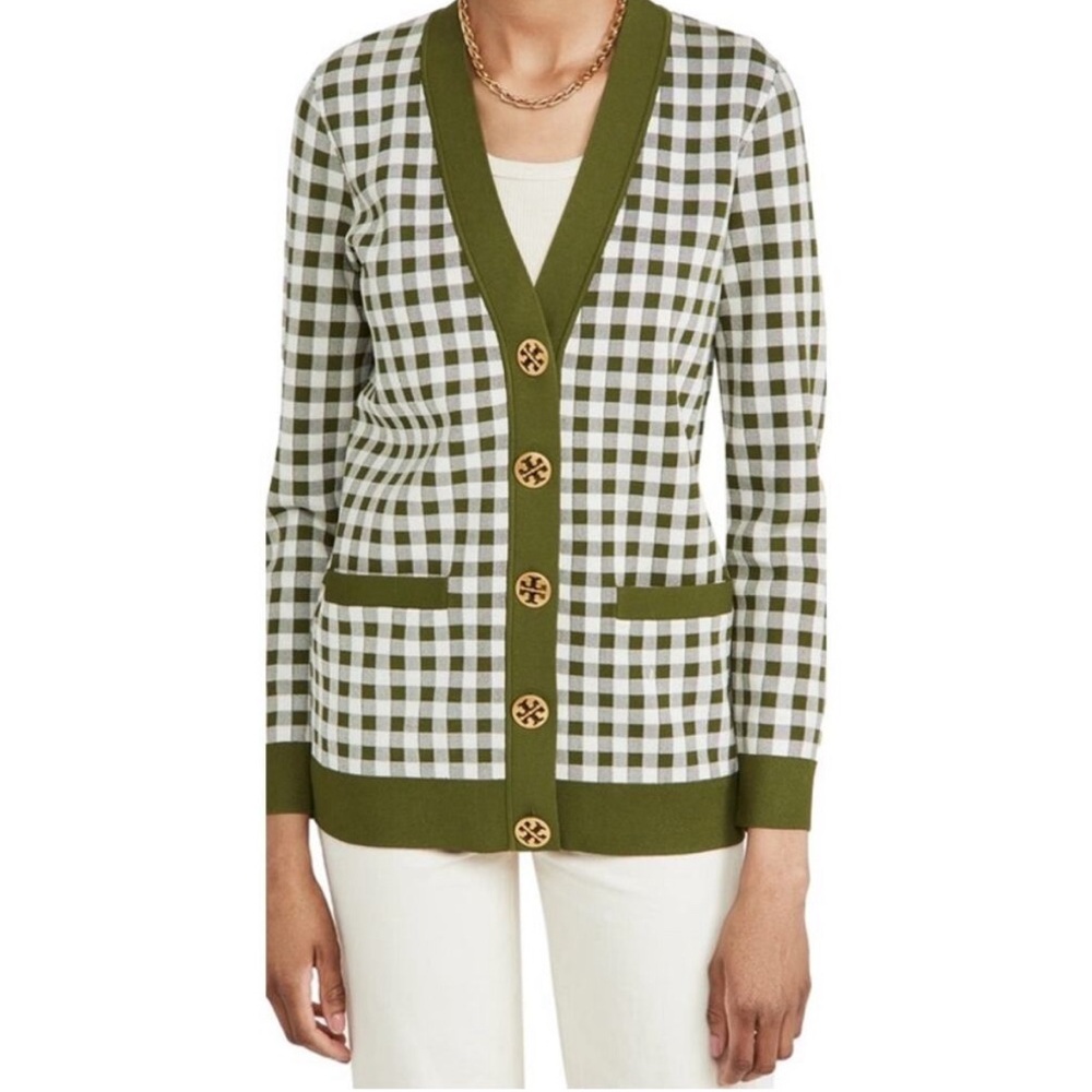 Tory Burch Simone Green Gingham Cardigan